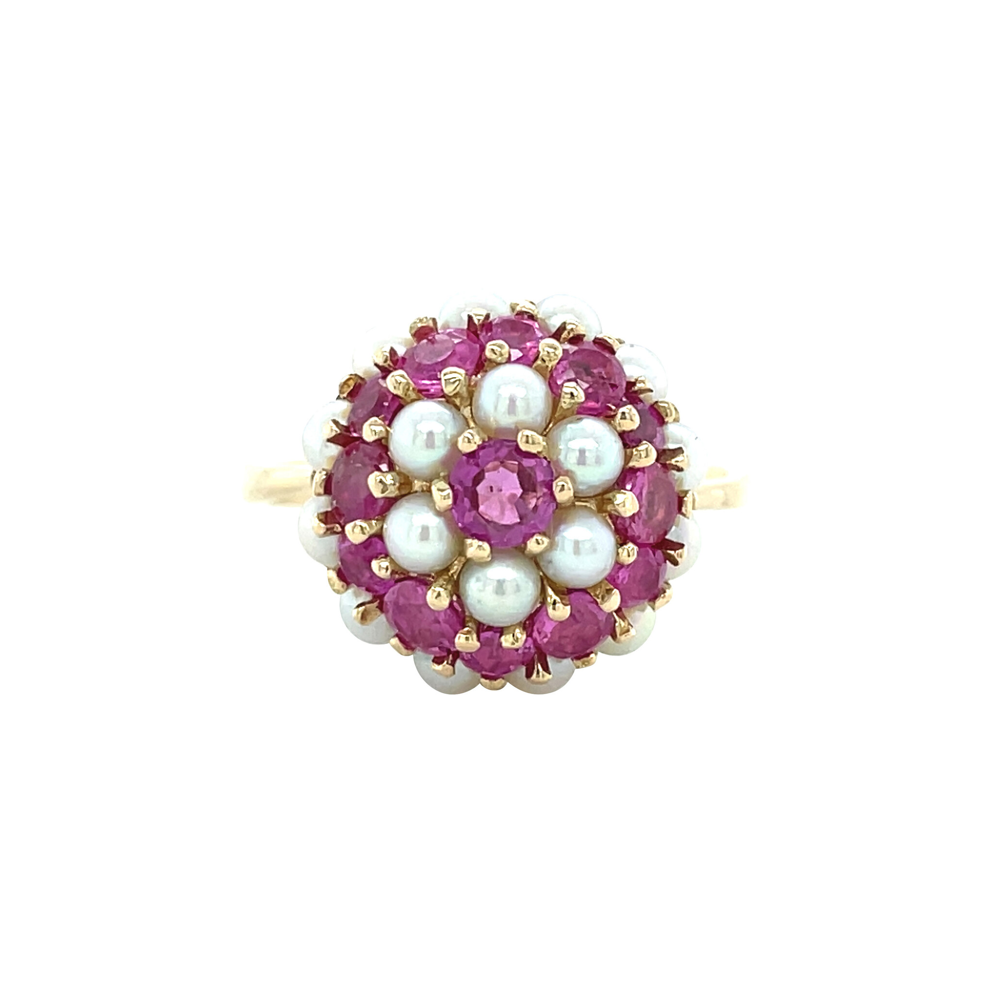 Gouden ring robijn en parel 14 kt